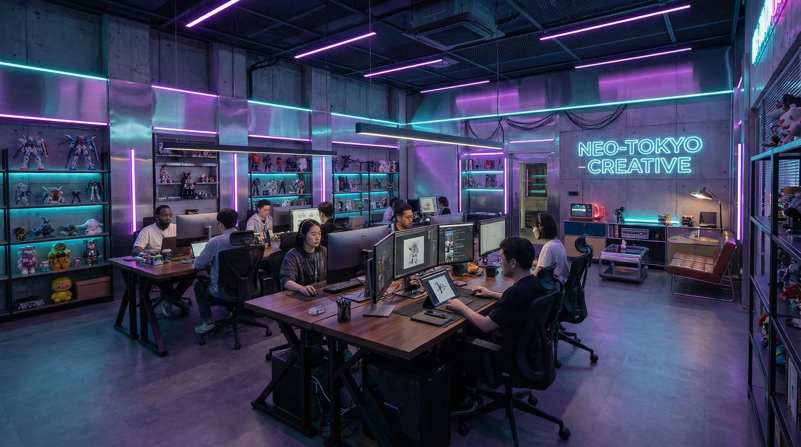 同人动漫团队赛博朋克风格创意办公室环境